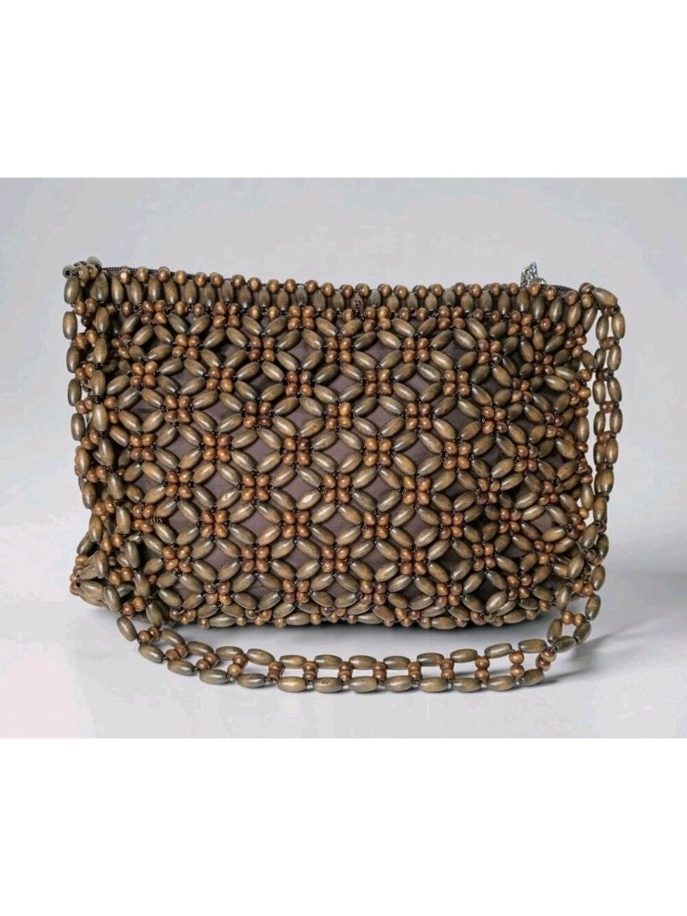 Vintage The Sak Boho Wood Beaded Shoulder Purse Bag Dark Brown Geometric Earthy